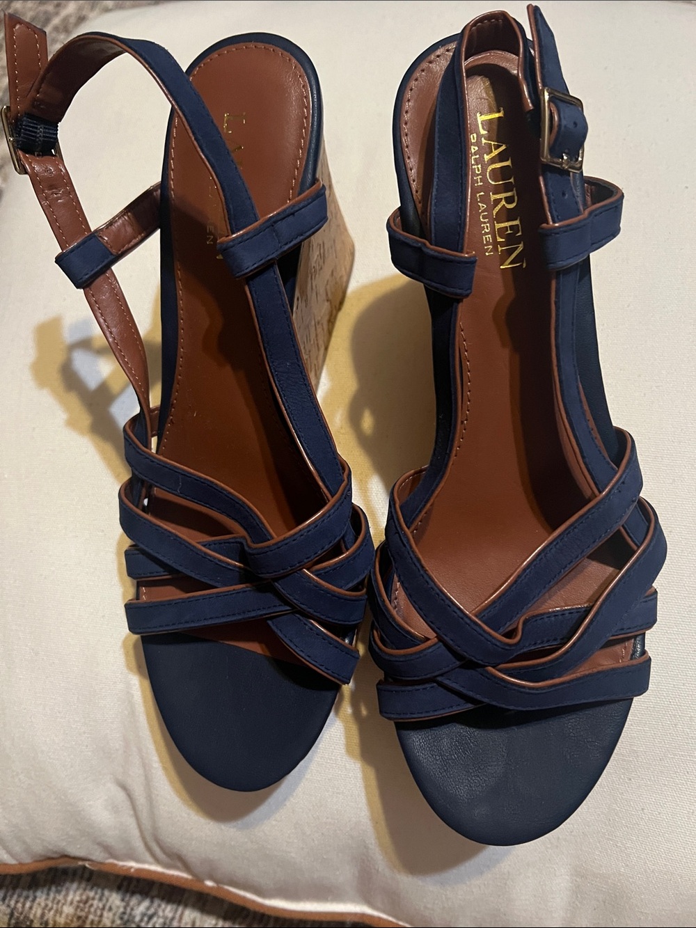Lauren Ralph Lauren Navy and Tan Strappy Wedge Sandals